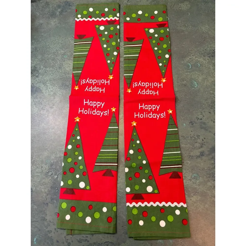Christmas kitchen tea towels matching pair (2) festive red green holiday cotton